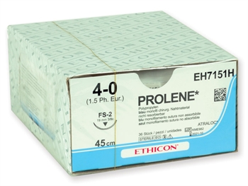 ETHICON PROLENE BLUE MONOFILAMENT SUTURES - gauge 4/0 needle 19 mm suture 45 cm